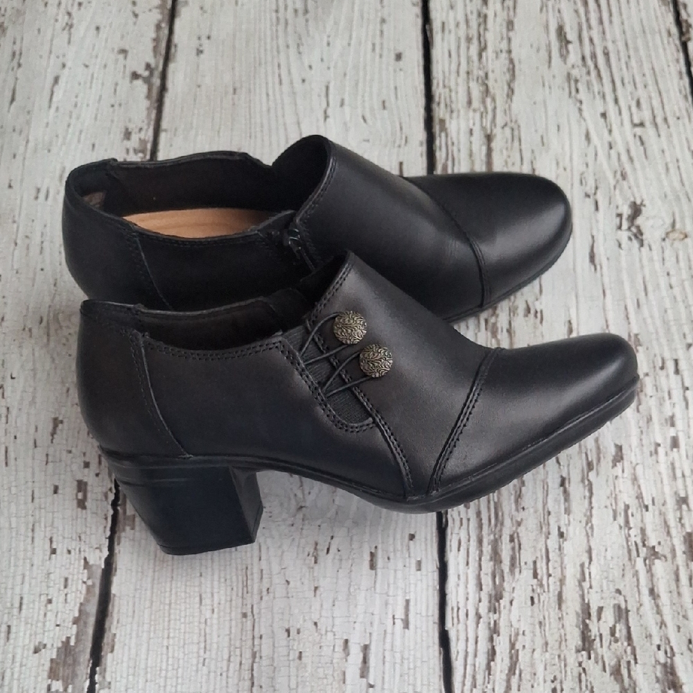 Clarks Black Leather Ankle Boots with Button Detail